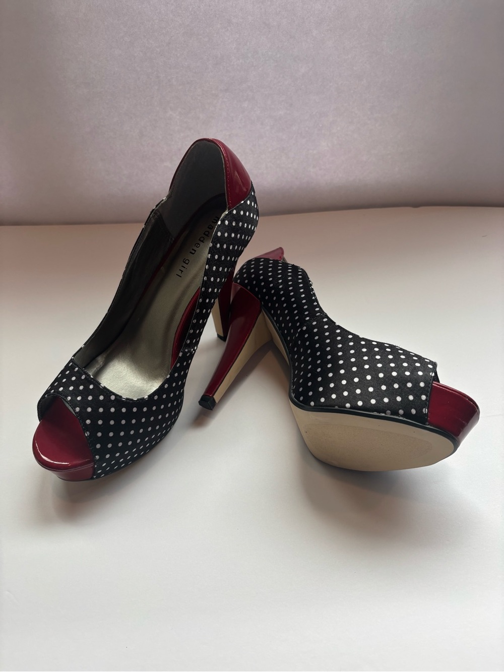 Madden Girl Black White Polka Dot Peep-Toe Heels with Red Trim